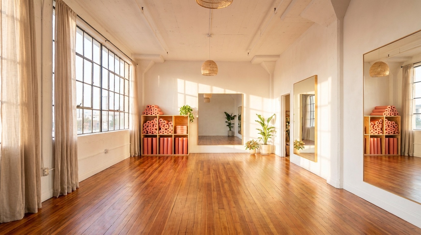 Bright fitness studio with wood floors and coral mats