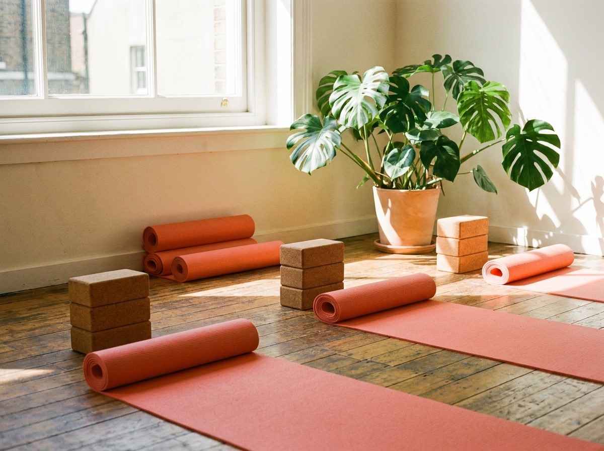 Yoga mats and cork blocks in a sunlit corner
