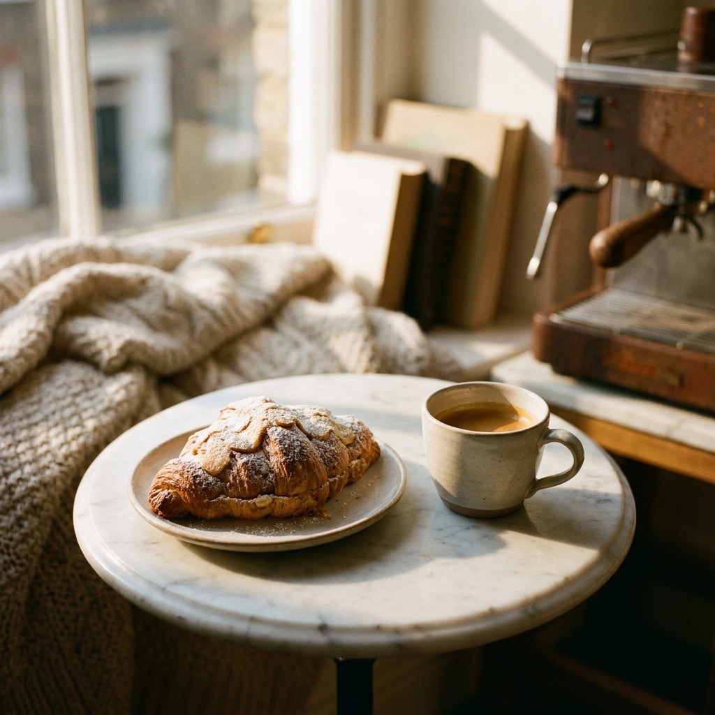 Almond croissant beside a double espresso