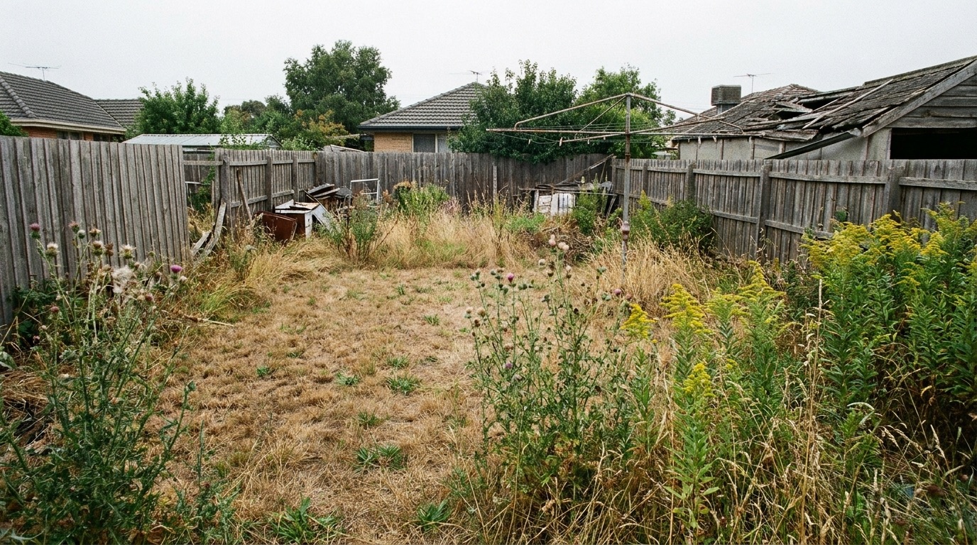 Overgrown backyard before renovation