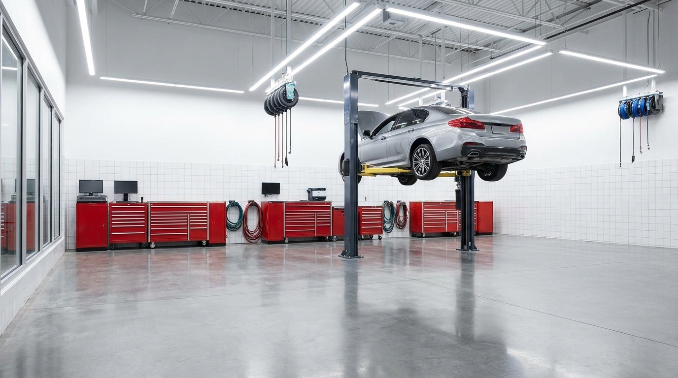 Clean modern auto repair bay with a car on the lift