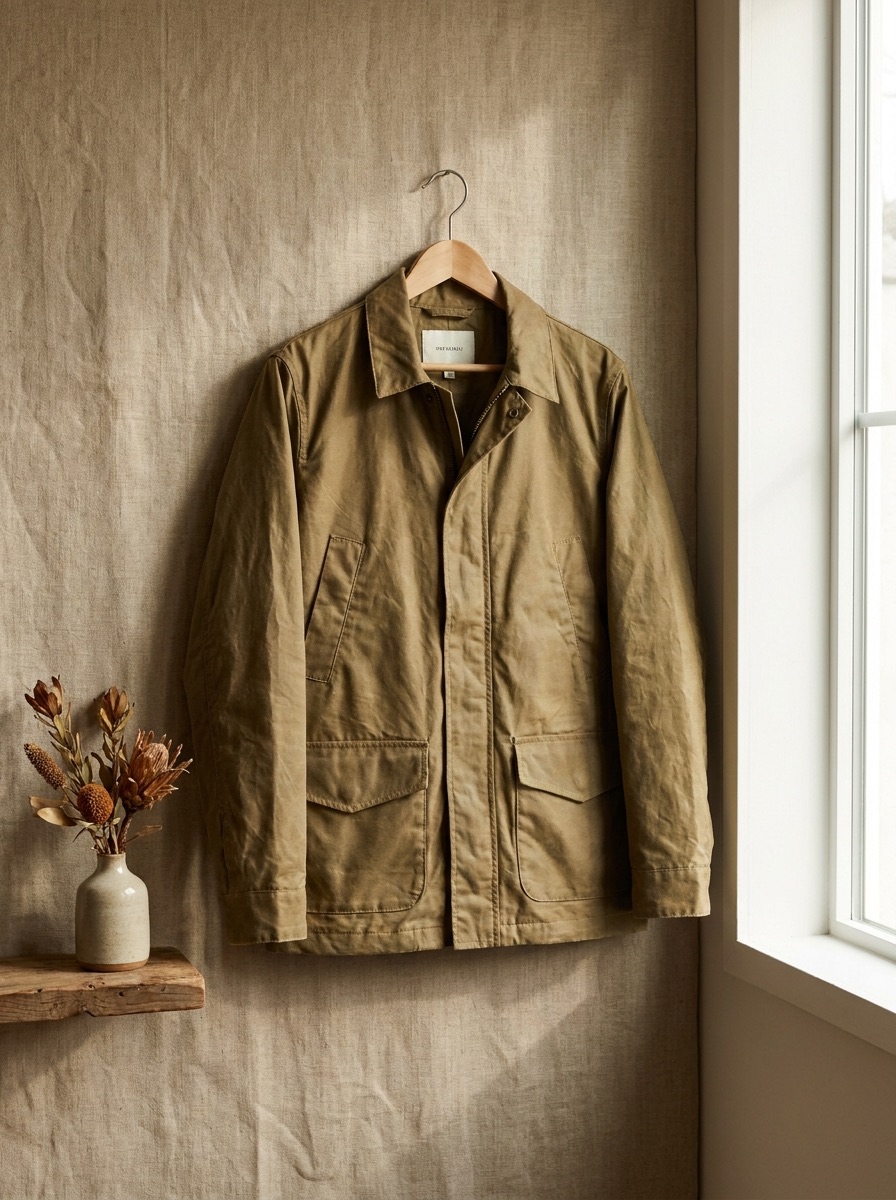 Waxed cotton field jacket on a wooden hanger