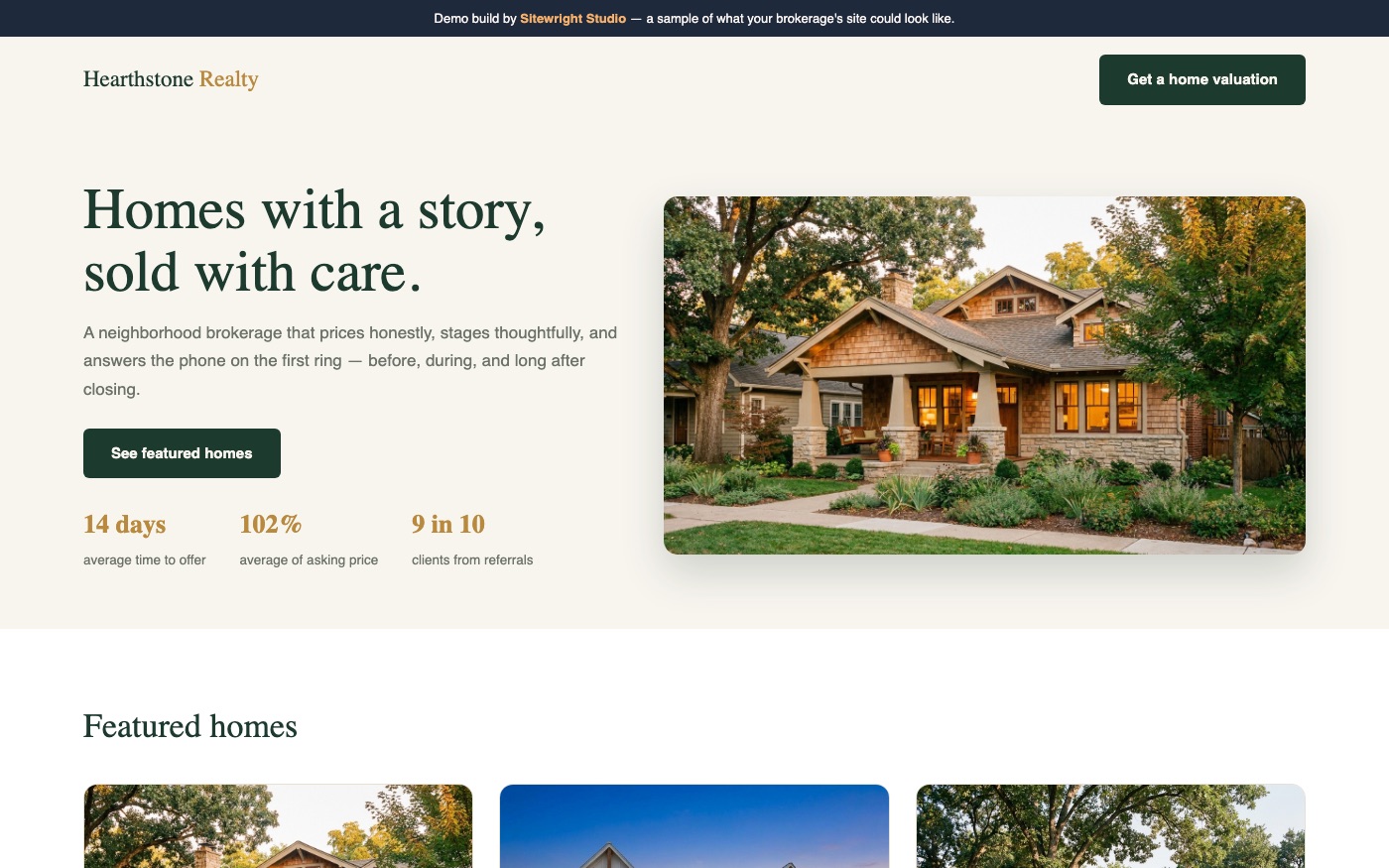 Screenshot of the Hearthstone Realty demo website